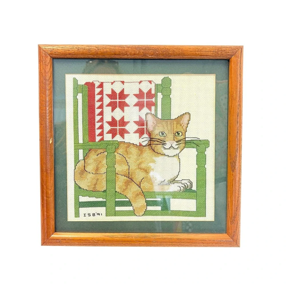 Vintage 1991 Handmade Orange Tabby Cat Needlepoint Framed Wall Art 12x12